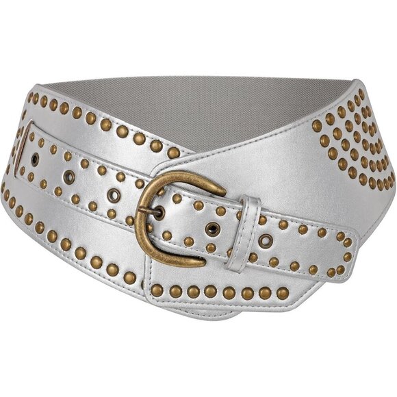 Women Vintage Wide Elastic Studded Stretchy Waist Belt Rivet Metal Buckle Silver main image 6